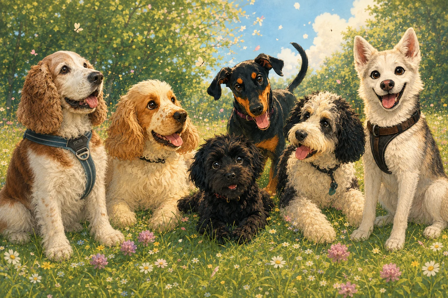 Six dogs — two Cocker Spaniels, a Doberman, a black Cavapoo puppy, a Bernedoodle, and a white Husky — sitting together in a sunny wildflower meadow